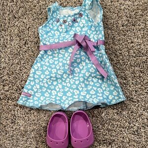 American Girl Blue Leopard Print Dress with Purple Bow and Shoes